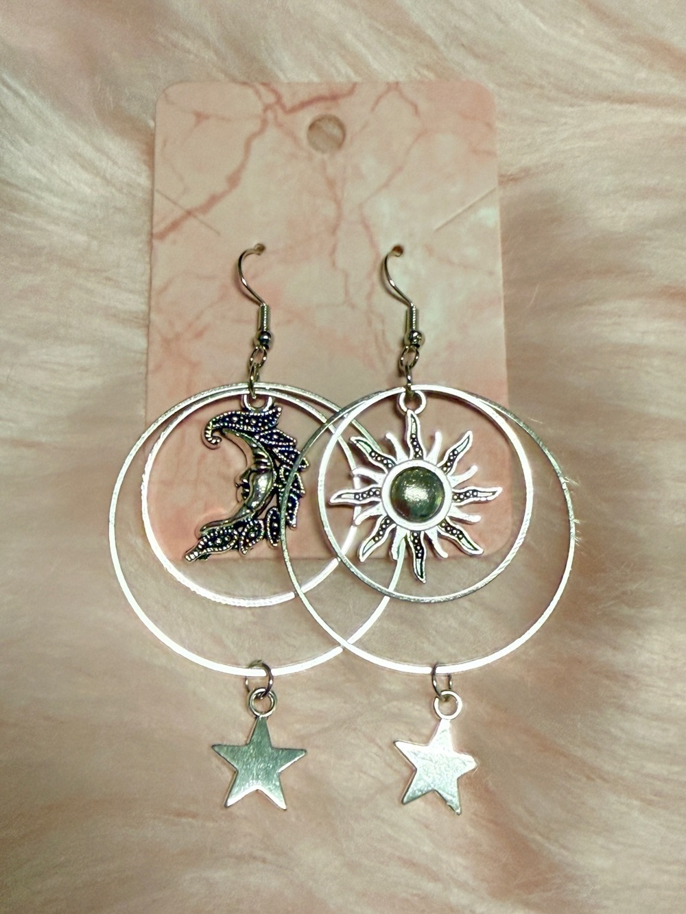 Celestial Sun & Moon Silver Hoop Drop Earrings with Star Charms
